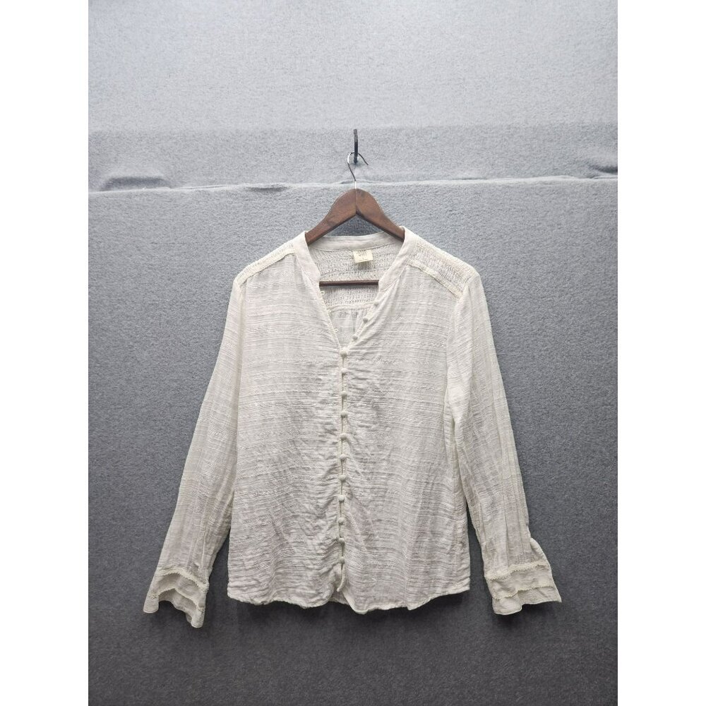 Matilda Jane Good Hart Womens Long Sleeve Button-Up Blouse L White Textured Cott